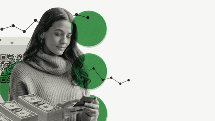 Woman in turtleneck using phone with financial data visualization: green graphs, QR code, and cash imagery