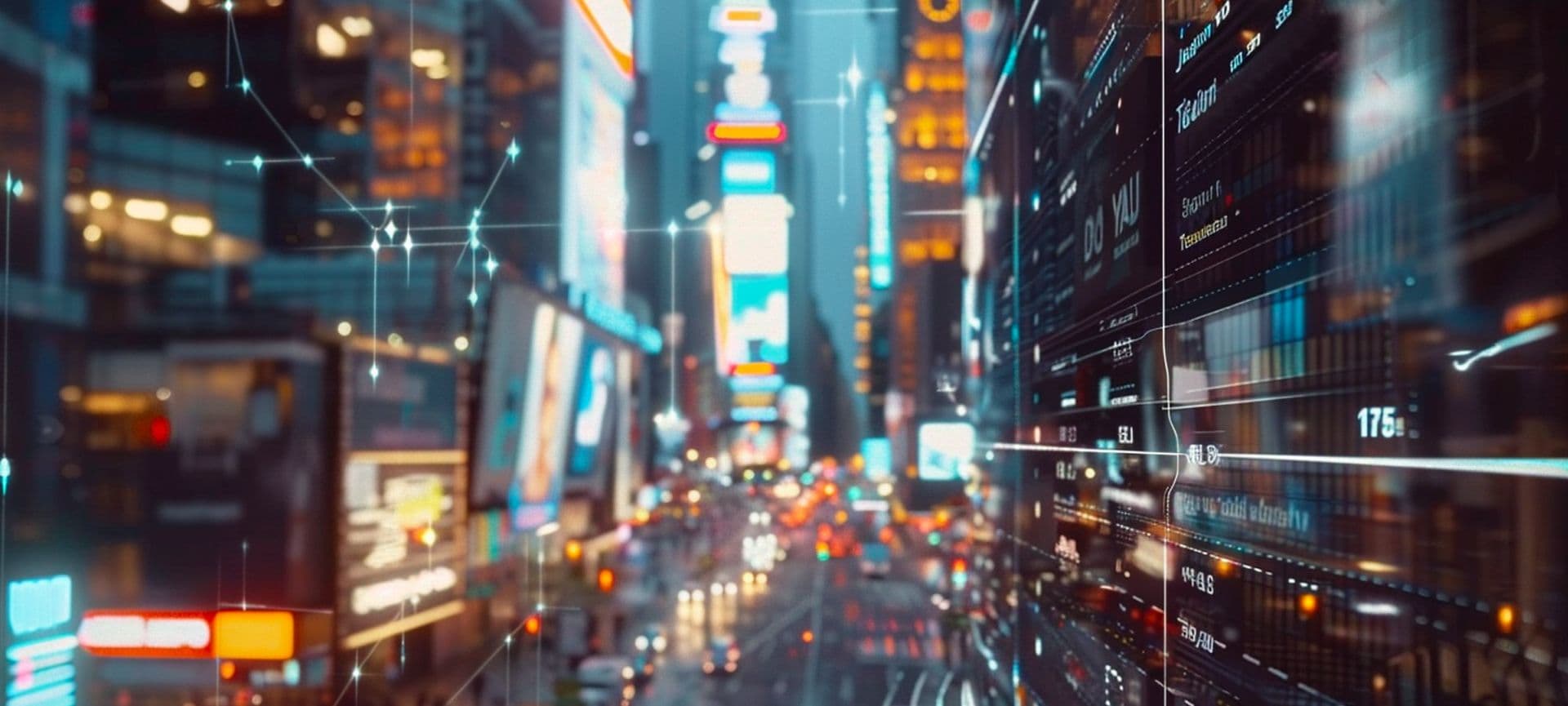 Blurred city street with digital data overlays illustrating Known's creative testing and analytics capabilities.