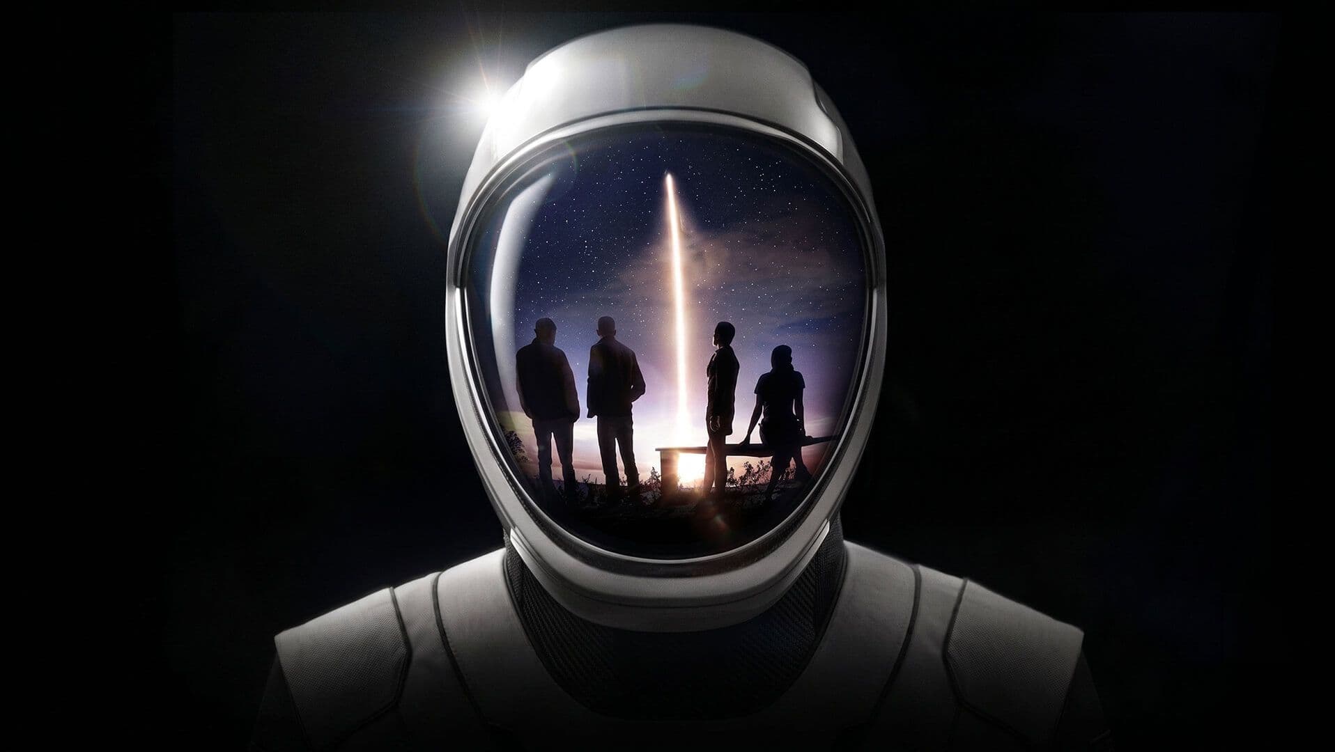 Astronaut upper torso with people reflected in their mirrored space mask and a glint of starlight off their helmet