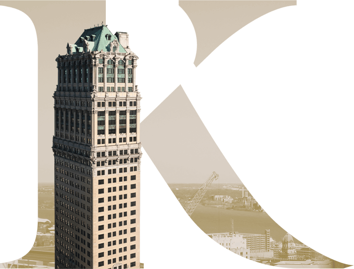 Known agency "K" logo overlaid with Book Tower, a historic Detroit skyscraper, against a navy background.