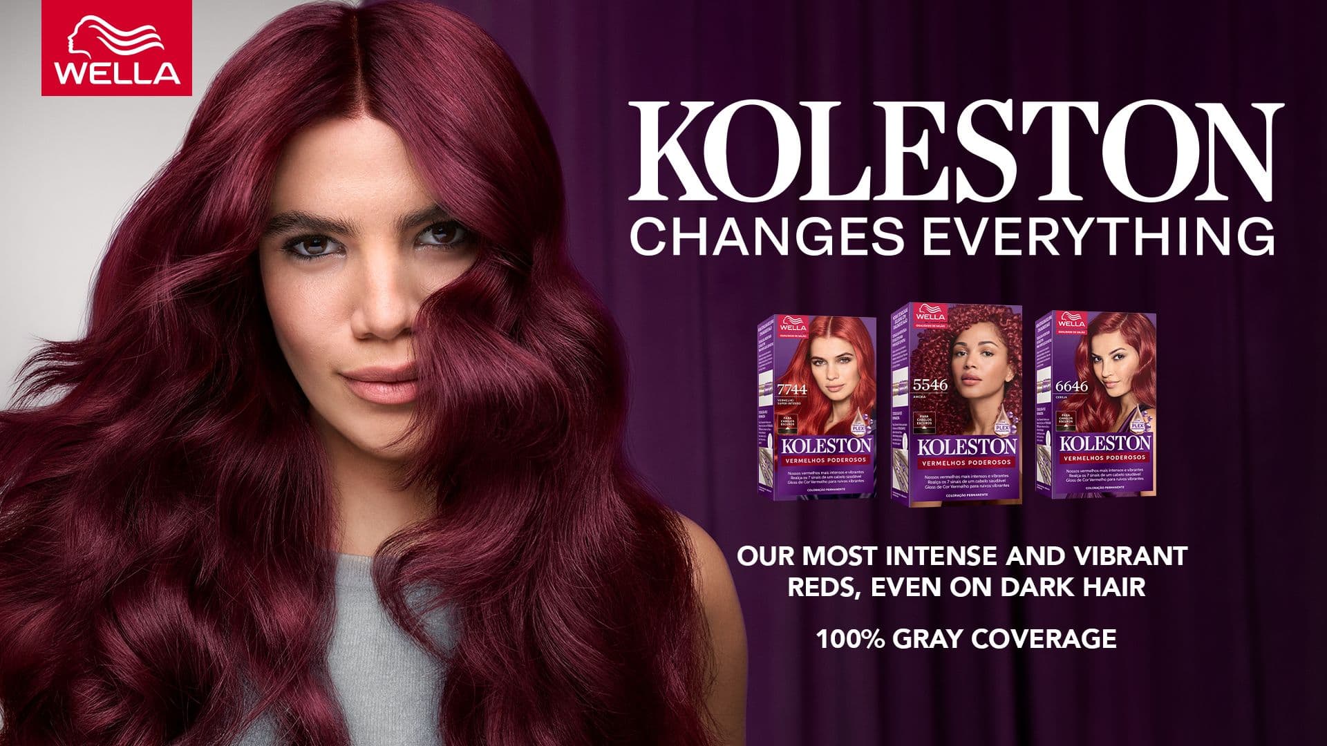 Woman with deep burgundy hair beside three Koleston boxes. Text: "Koleston Changes Everything. Our most intense and vibrant reds, even on dark hair. 100% gray coverage."