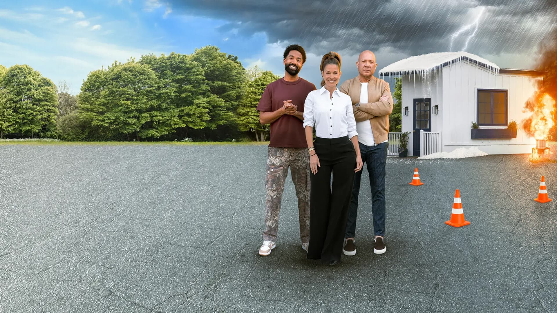 A Design team standing in front a house with lightning, ice, and fires burning around it