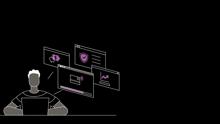 Person at laptop with floating screens showing security icons including shield, analytics, and alerts in purple