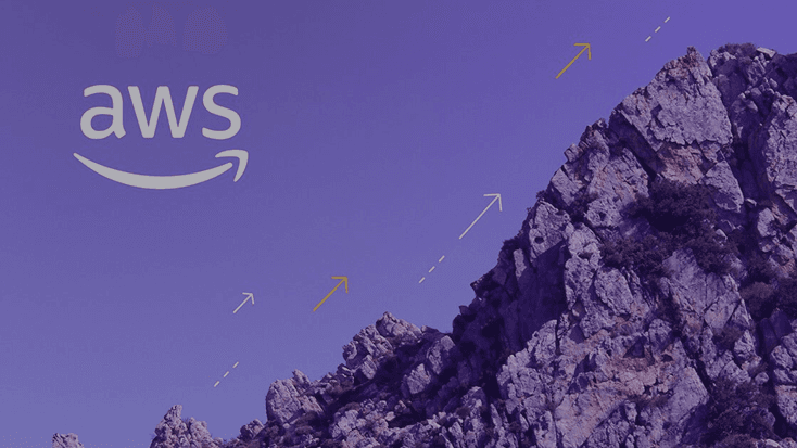 AWS logo on vibrant purple background with rocky mountain cliff and white and gold upward arrows representing growth and scaling