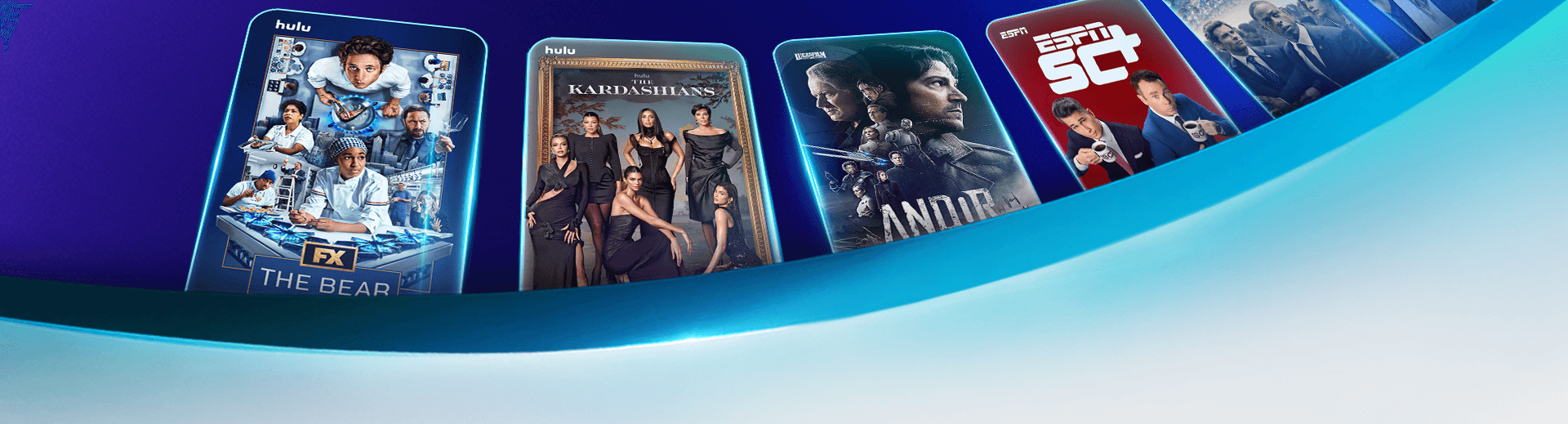Curved lineup of glowing Hulu title cards ("The Bear," "Kardashians," "Andor," "ESPN SC," and more) on a blue gradient background.