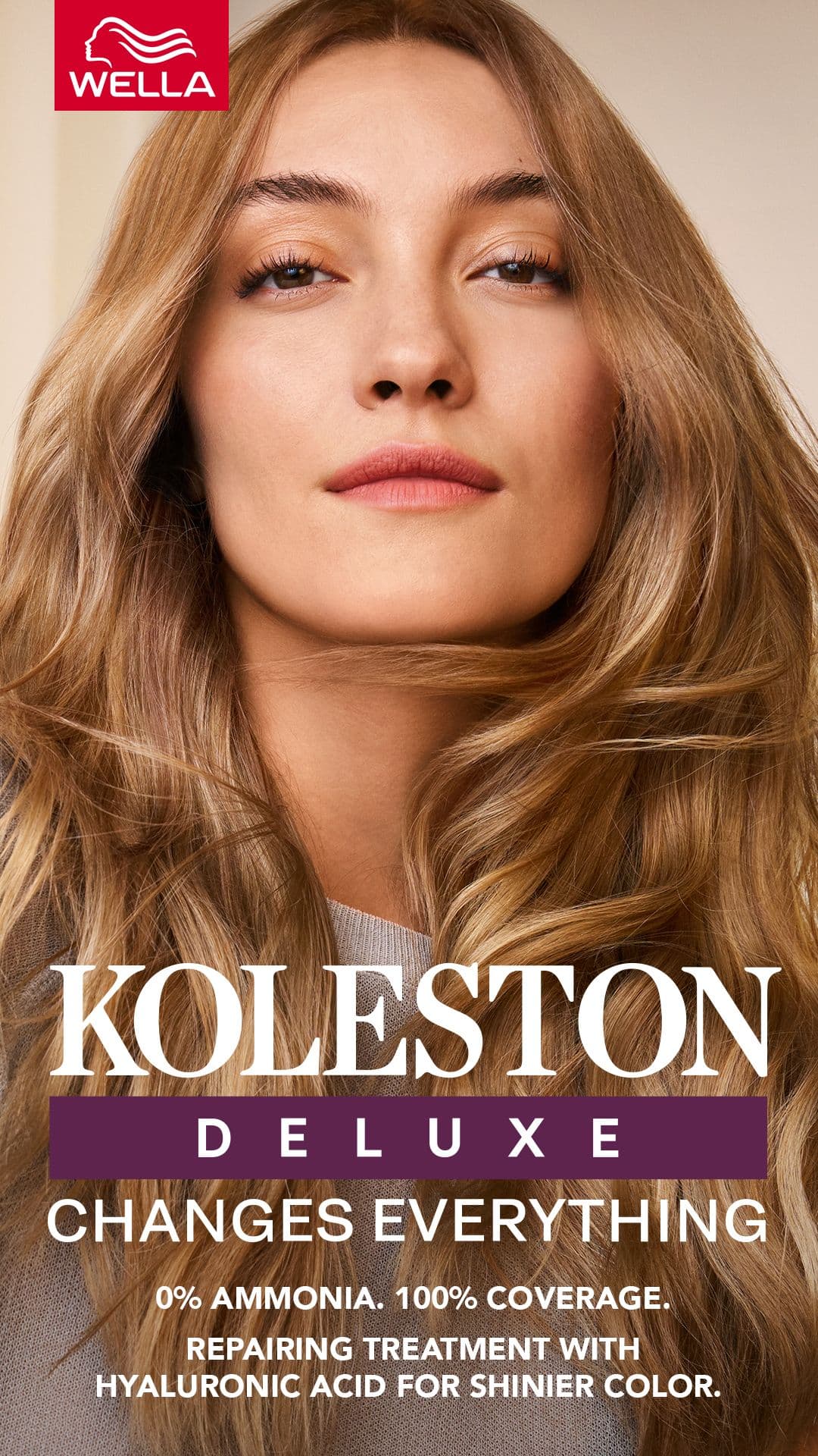Woman with long wavy honey-blonde hair. Text: "Koleston Deluxe Changes Everything. 0% Ammonia. 100% Coverage. Repairing treatment with hyaluronic acid for shinier color."